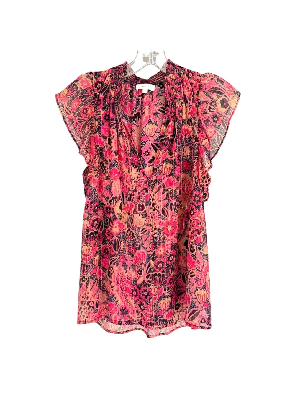 A.L.C. Hayley Silk Chiffon Floral Blouse Pink Flutter Sleeve Sheer Boho Top 0